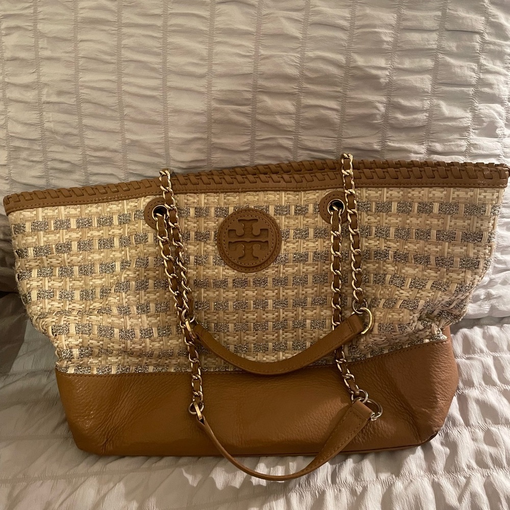Tory Burch Silver Tweed and Leather Tote